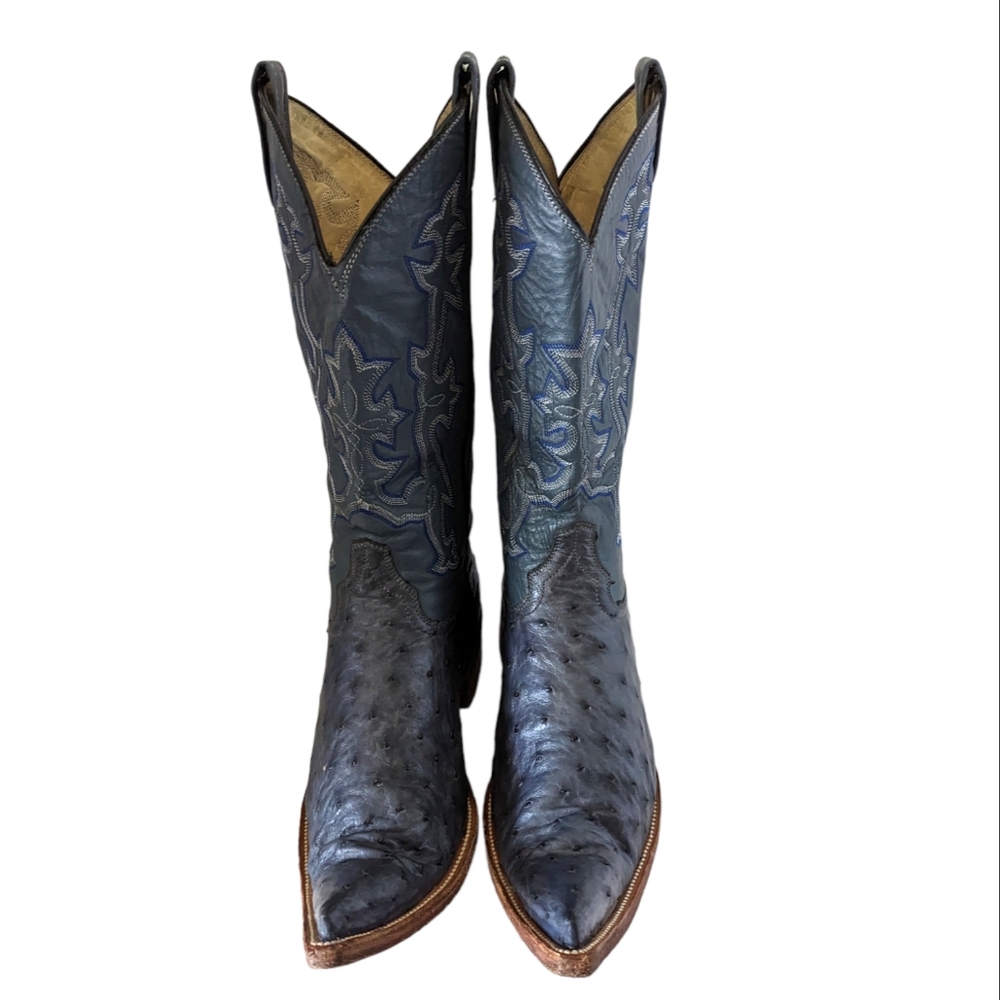 Vintage Blue Ostrich Leather Pointy Toe Cowboy Western Boots Size 6.5 D - Picture 4 of 9